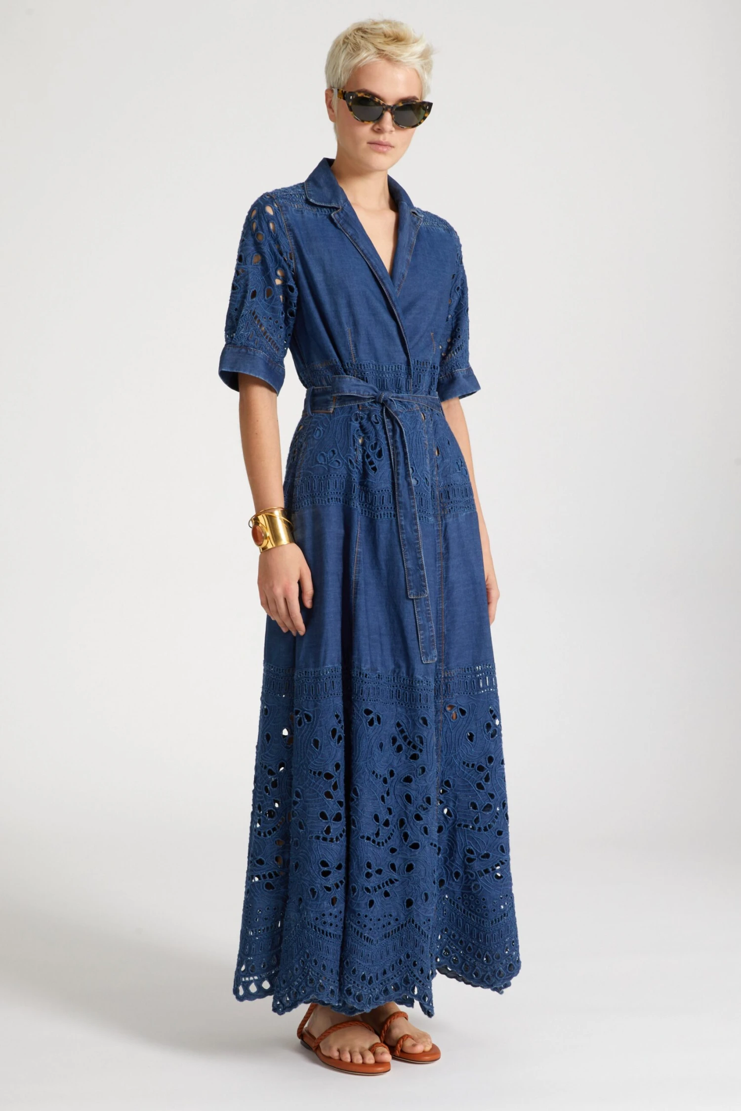 ERMANNO SCERVINO Long-sleeved Midi Chemise Dress With Floral And Geometric Sangallo Lace Details And Sash At Waist 4 ERMANNO SCERVINO Long-sleeved Midi Chemise Dress With Floral And Geometric Sangallo Lace Details And Sash At Waist - Image 2