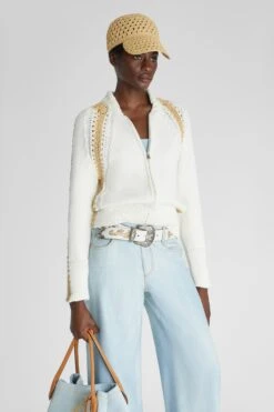 ERMANNO SCERVINO Pure Cotton Bomber Jacket With Mat Weave And Hand-made Rafia Profiles -Angelina Store D465D305RQAJ R4609 03