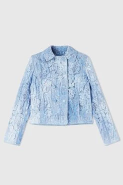 ERMANNO SCERVINO Short Double-breasted Jacket In Devore With Floral Motif And Denim Print