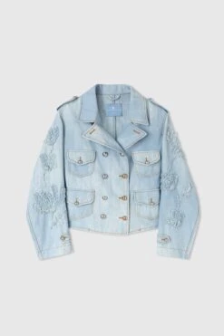 ERMANNO SCERVINO Denim Print Marocain Biker Jacket With Adjustable Drawstring At The Back And Hand-made Floral Embroidery