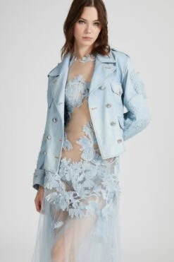 ERMANNO SCERVINO Denim Print Marocain Biker Jacket With Adjustable Drawstring At The Back And Hand-made Floral Embroidery -Angelina Store D467I730REMY S4612 03 394484fe cbb5 45cb b503 ad10b3bf7f3a