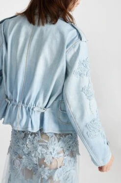 ERMANNO SCERVINO Denim Print Marocain Biker Jacket With Adjustable Drawstring At The Back And Hand-made Floral Embroidery -Angelina Store D467I730REMY S4612 04 3420b6d2 6ac0 40e8 9d2f 22e86a8db88a