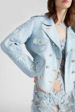 ERMANNO SCERVINO Denim Print Marocain Biker Jacket With Adjustable Drawstring At The Back And Hand-made Floral Embroidery -Angelina Store D467I730REMY S4612 05 b9887b30 ba0f 4089 a194 a07005aac3be