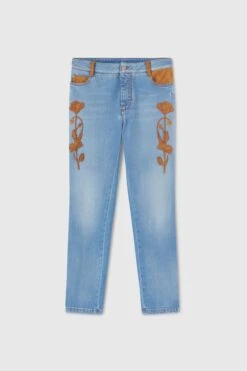 ERMANNO SCERVINO Slim Fit Jeans With Floral Details Handmade In Suede And Rafia