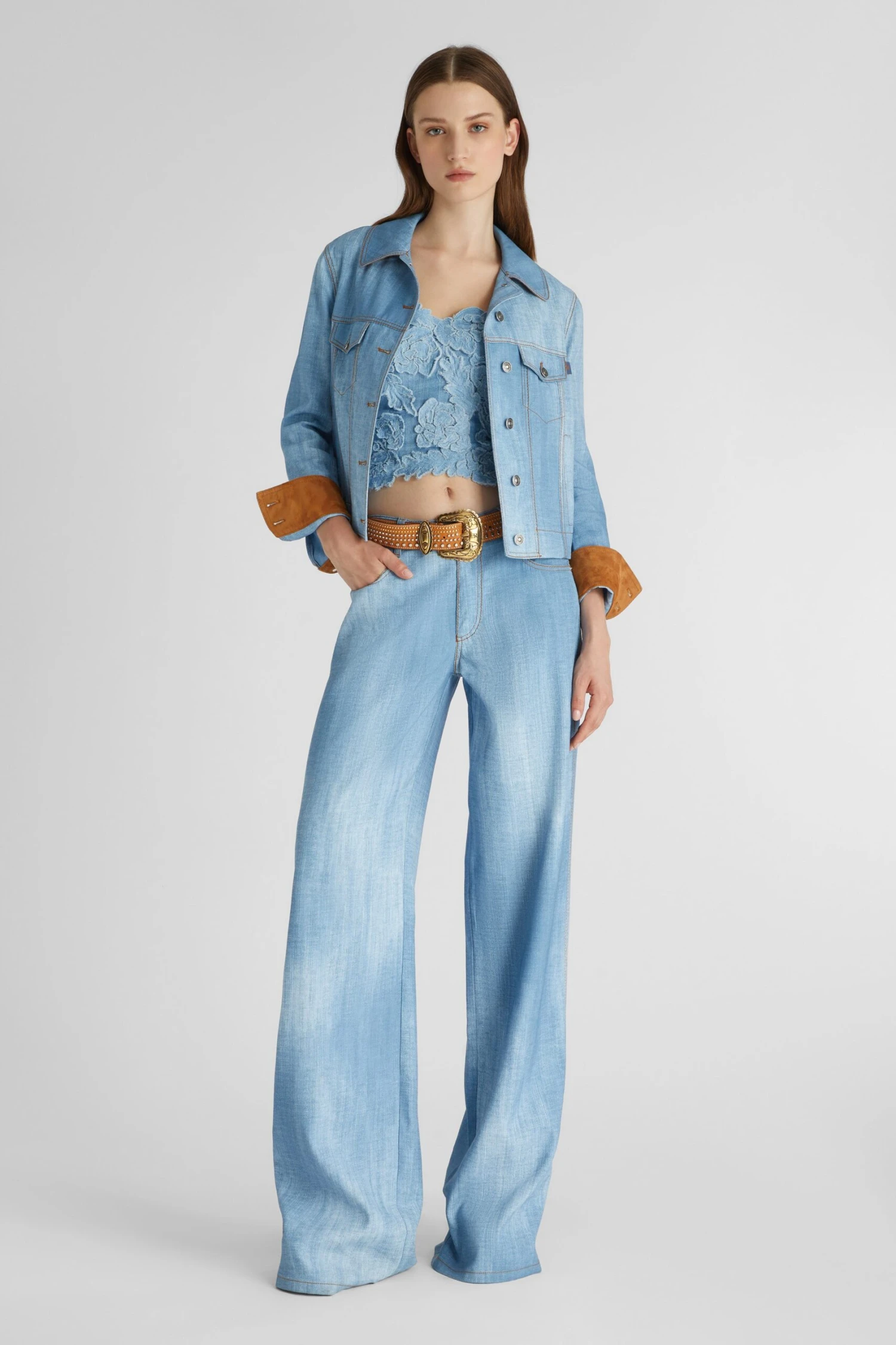 ERMANNO SCERVINO Palazzo Trousers In Marocain Denim Print Medium Wash 4 ERMANNO SCERVINO Palazzo Trousers In Marocain Denim Print Medium Wash - Image 2