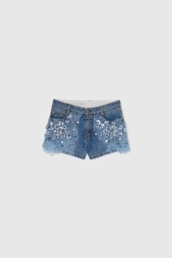 ERMANNO SCERVINO Denim Shorts With Hand-made Stone And Lace Applications