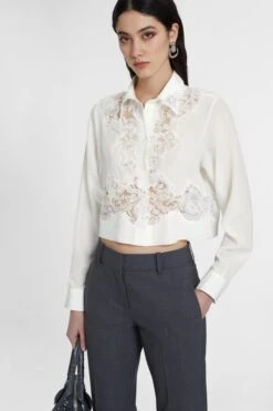 ERMANNO SCERVINO Stretch Silk Cropped Shirt With Embroidered Lace -Angelina Store D472K325VKX 10602 03