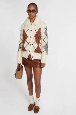 ERMANNO SCERVINO Alpaca And Cashmere Blend Cardigan With Braids And Two-tone Argyle Motif -Angelina Store D475D302SHRUIU D4720 03