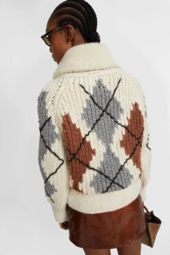 ERMANNO SCERVINO Alpaca And Cashmere Blend Cardigan With Braids And Two-tone Argyle Motif -Angelina Store D475D302SHRUIU D4720 05