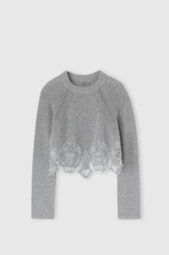 ERMANNO SCERVINO Cropped Sweater In Pure Cashmere With Rebrode Lace Inlay