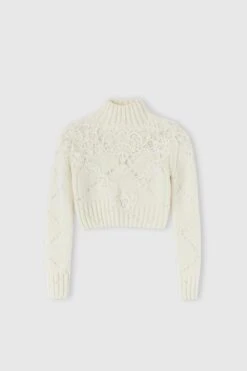 ERMANNO SCERVINO Cropped Sweater In Alpaca And Merino Wool Blend With Diamond Pattern And Rebrode Lace Application