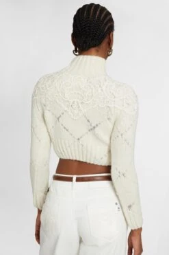 ERMANNO SCERVINO Cropped Sweater In Alpaca And Merino Wool Blend With Diamond Pattern And Rebrode Lace Application -Angelina Store D475M326APEJD 10104 04