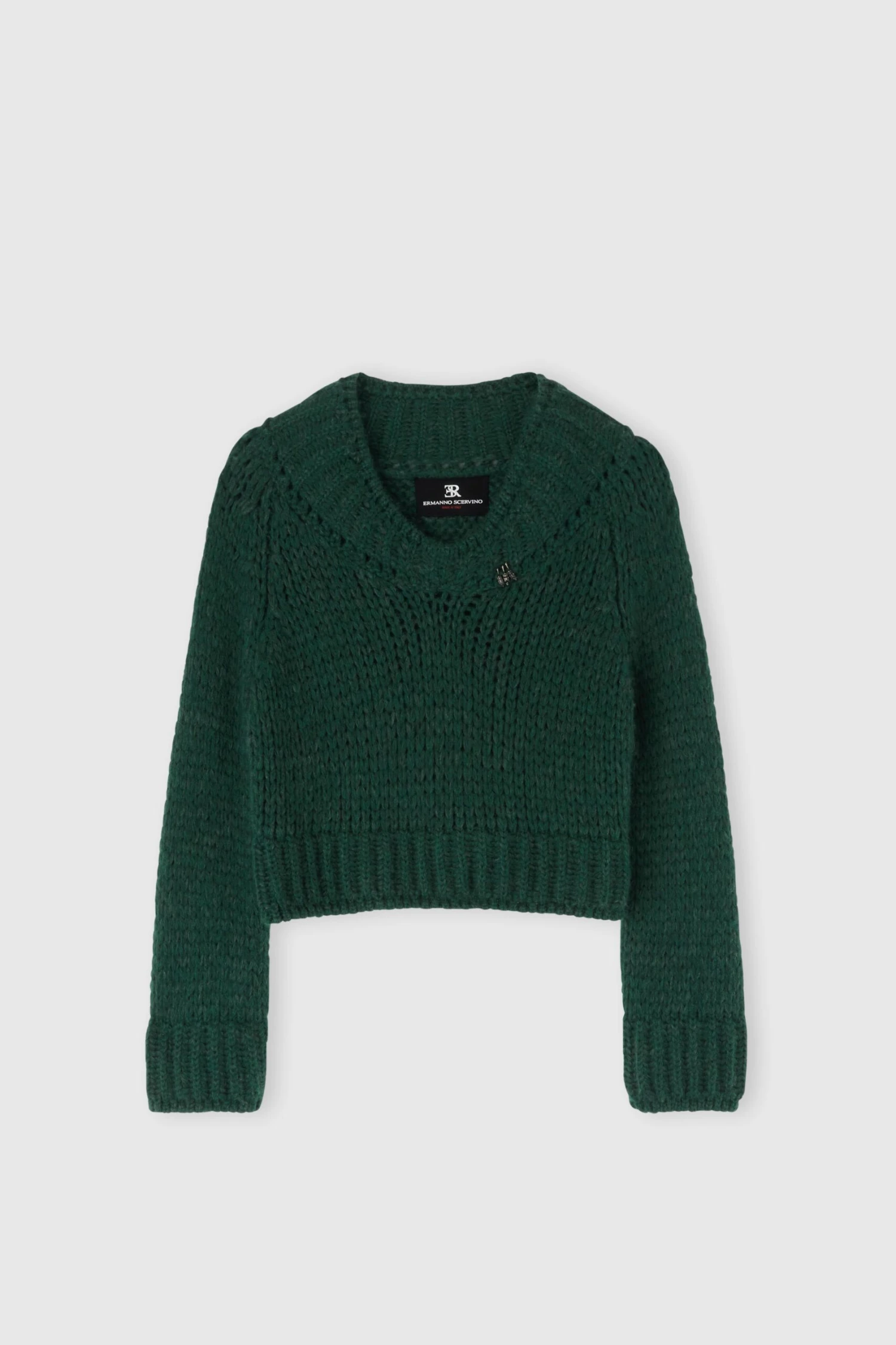 ERMANNO SCERVINO Cropped Sweater In An Alpaca, Mohair And Merino Blend With A V-neck And Baguette Crystals 3 ERMANNO SCERVINO Cropped Sweater In An Alpaca, Mohair And Merino Blend With A V-neck And Baguette Crystals