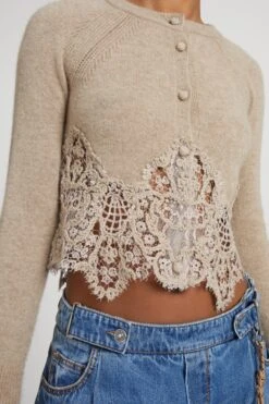 ERMANNO SCERVINO Cropped Cardigan In Pure Cashmere With Mandarin Collar And Rebrode Lace -Angelina Store D475N314APPYU M1507 03 e0b16953 2b12 4db4 b534 e8680a84f9f1