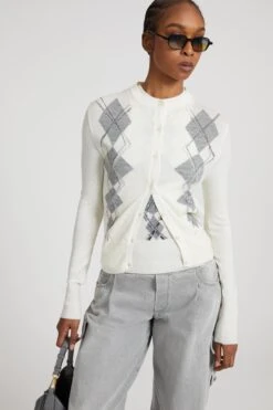 ERMANNO SCERVINO Virgin Wool Blend Cardigan With Argyle Motif With A Devoured Effect -Angelina Store D475N317FYJ B4706 03