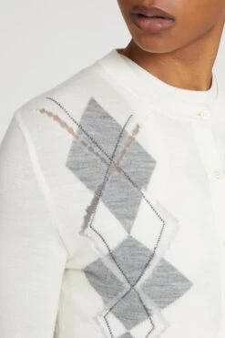 ERMANNO SCERVINO Virgin Wool Blend Cardigan With Argyle Motif With A Devoured Effect -Angelina Store D475N317FYJ B4706 05