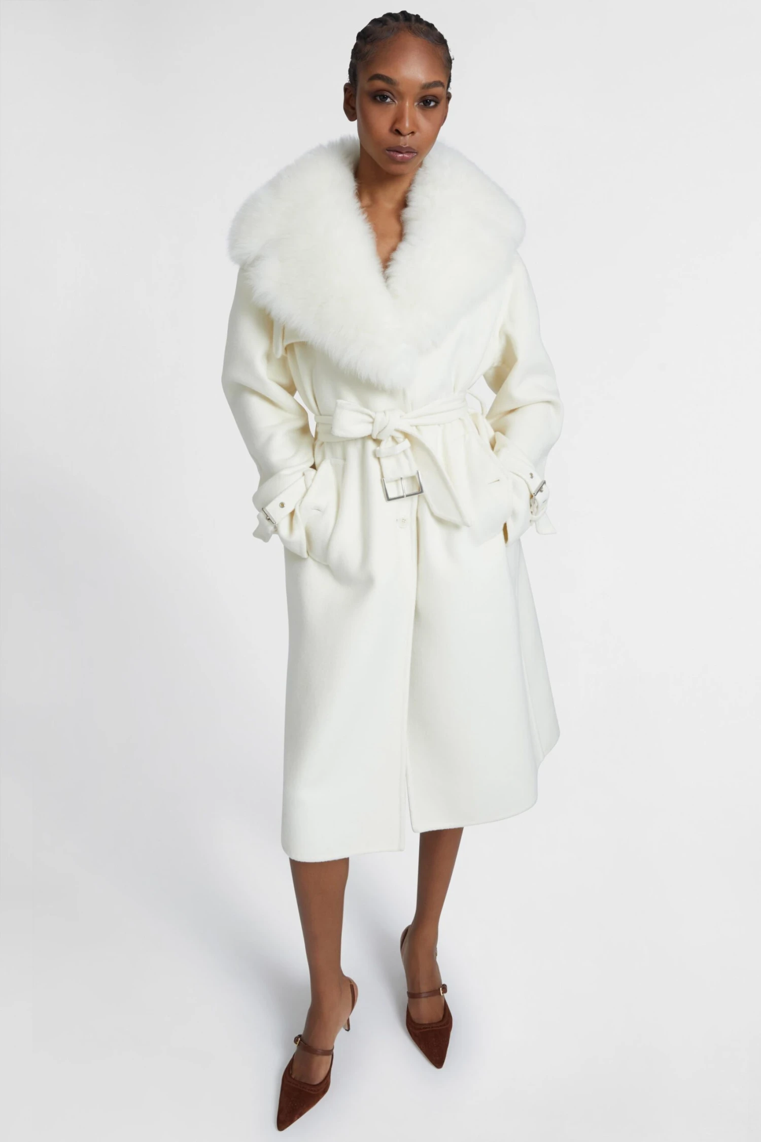 ERMANNO SCERVINO Single-breasted Midi Tailored Coat With Belt And Collar In Real Sheepskin Fur 4 ERMANNO SCERVINO Single-breasted Midi Tailored Coat With Belt And Collar In Real Sheepskin Fur - Image 2