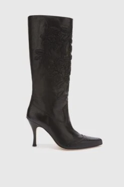 ERMANNO SCERVINO Vintage Dark Green Nappa Leather Boot With Handmade Leather Embroidery