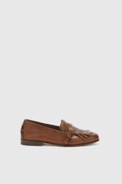 ERMANNO SCERVINO Vintage Brown Nappa College Loafer With Brogue Fringes And Strap