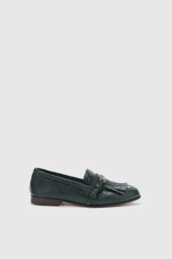 ERMANNO SCERVINO Vintage Forest Green Nappa College Loafer With Brogue Fringes And Strap