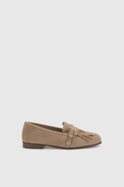 ERMANNO SCERVINO Vintage-effect Dove-gray Suede College Loafer With Fringes And Strap